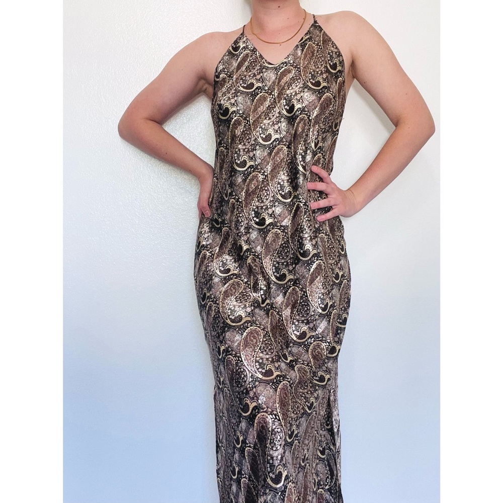 Indulgence | Vintage 70s Rare Paisley Brown Silky Maxi Slip Nightgown Dress
